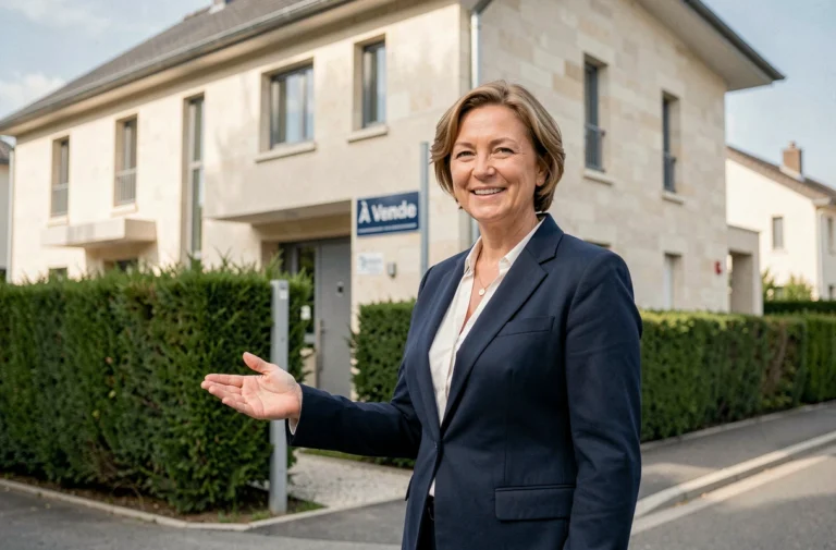 Agente immobilière souriante devant une maison moderne à vendre dans un quartier résidentiel paisible