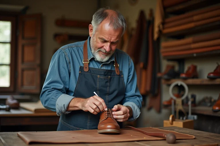 Artisan homme cousant un soulier en cuir dans un atelier traditionnel