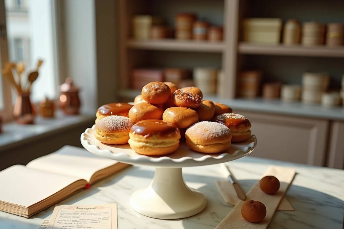 Sélection de desserts au caramel sur un plateau vintage dans une boulangerie