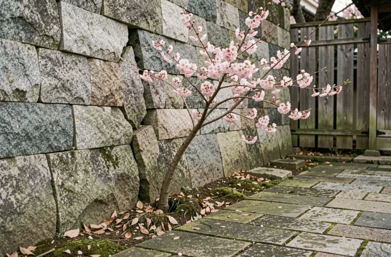 Cerisier en fleurs poussant à travers un vieux mur de pierre fissuré, symbole de résilience et de persévérance