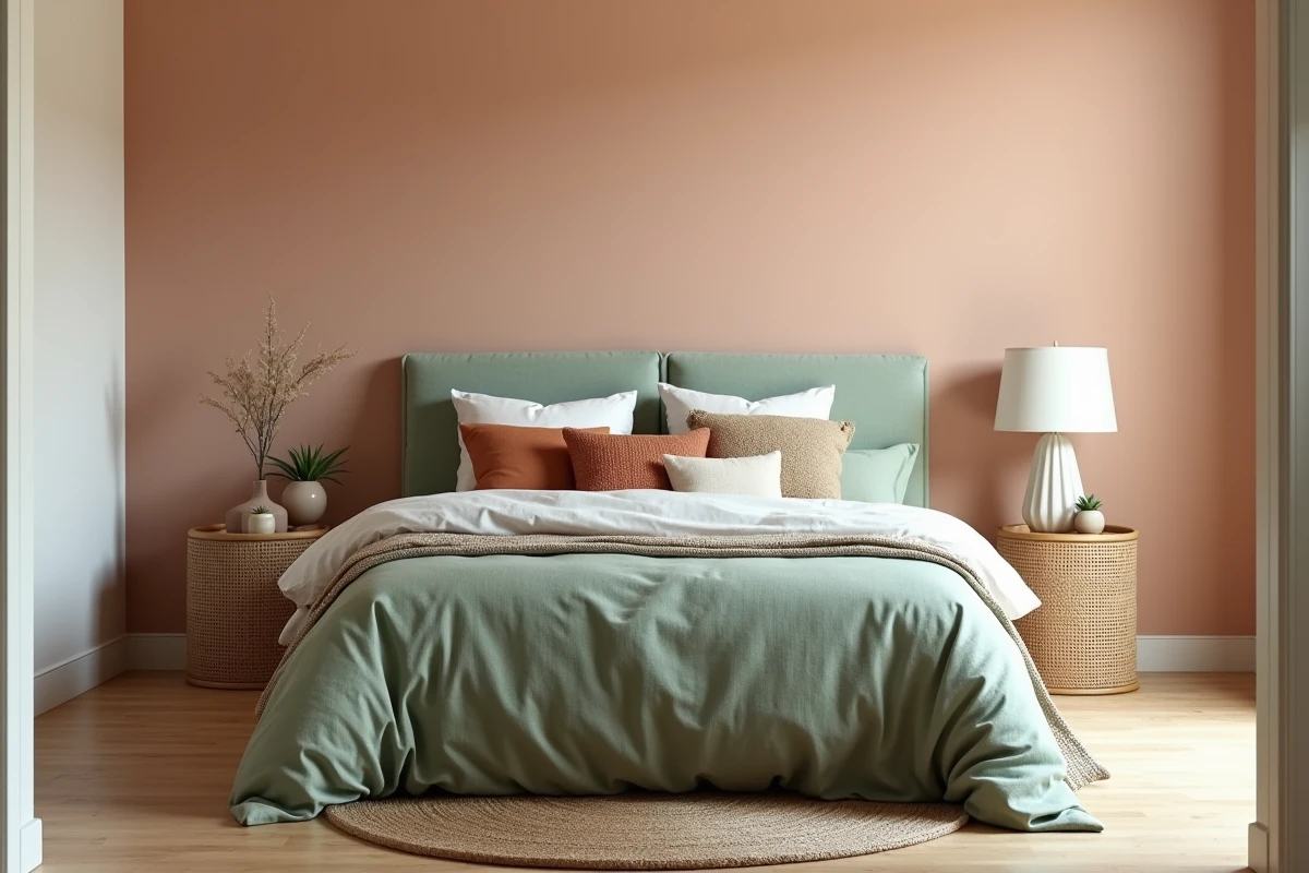 Chambre tendance avec tête de lit en lin vert sauge, literie en coton bio et table de chevet en rotin décoration naturelle