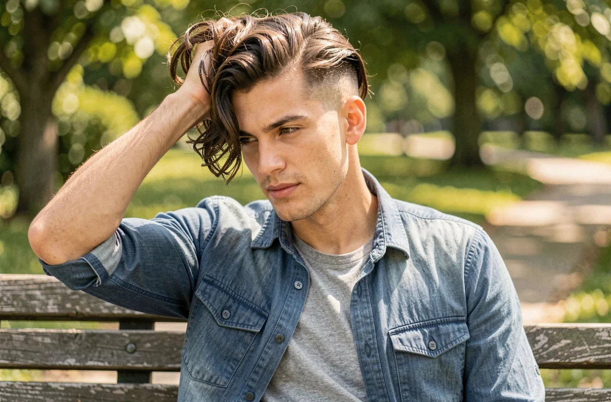 Jeune homme aux cheveux mi-longs ondulés avec un dégradé bas, passant la main dans ses cheveux dans un parc verdoyant ensoleillé