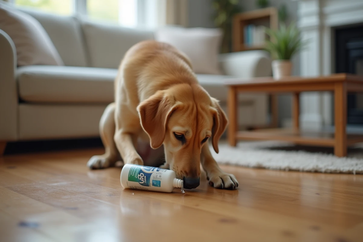 Chien Labrador reniflant un flacon de désinfectant renversé sur le parquet d'un salon familial, illustration des risques toxiques domestiques