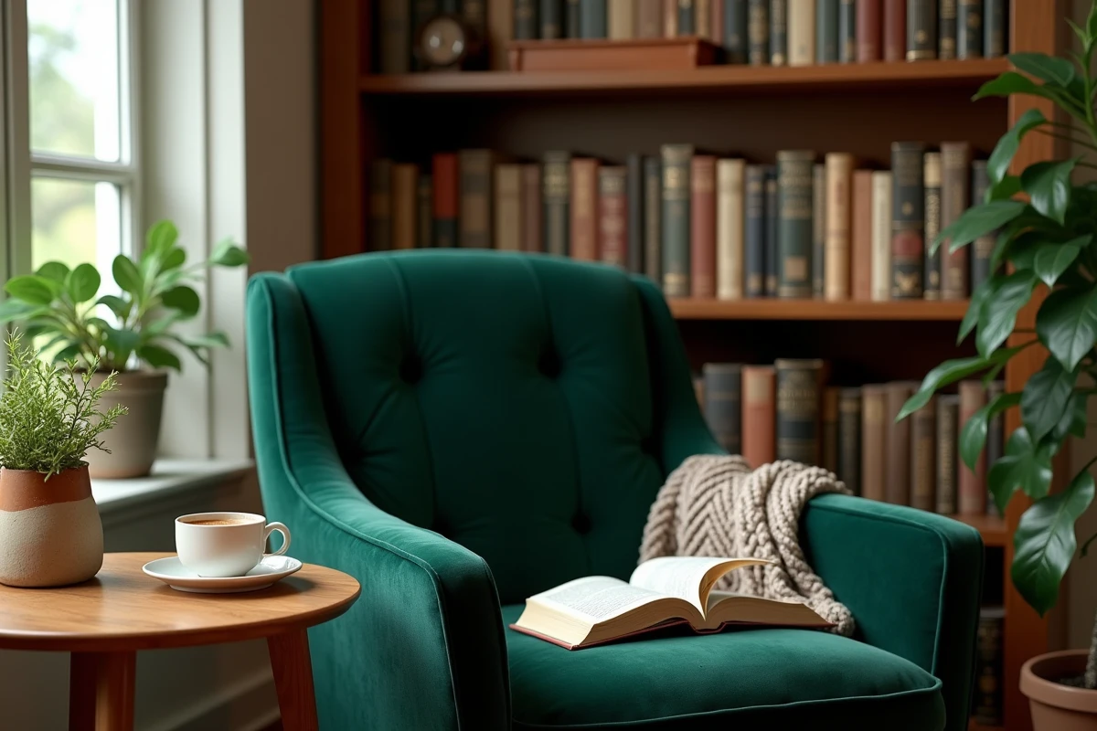 Coin lecture confortable avec fauteuil en velours vert, bibliothèque en bois et plante d'intérieur pour une ambiance cosy