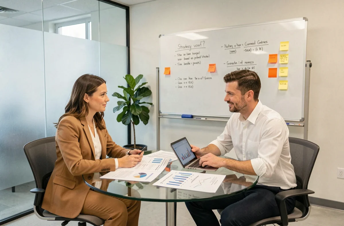 Deux entrepreneurs collaborant sur une stratégie de développement de business en ligne dans une salle de réunion moderne