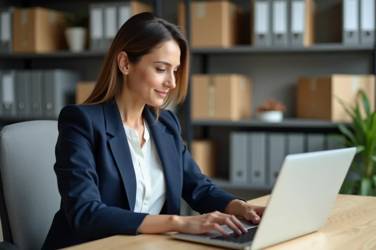 Professionnelle connectée à une plateforme d'envoi ColiShip sur son ordinateur portable dans un bureau moderne