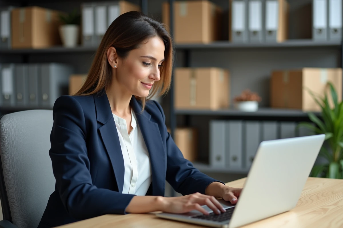 Professionnelle connectée à une plateforme d'envoi ColiShip sur son ordinateur portable dans un bureau moderne
