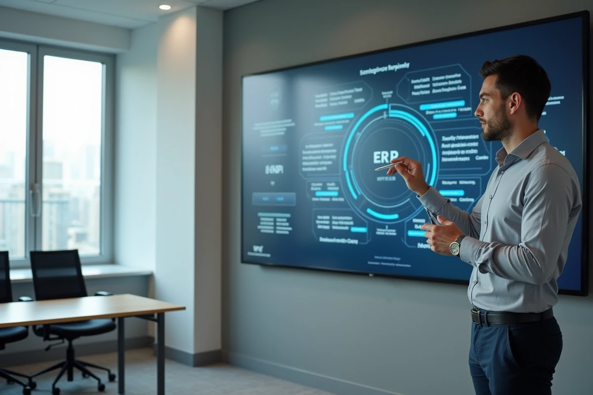 Consultant informatique présentant l'architecture d'un système ERP sur un écran interactif lors d'une session de formation