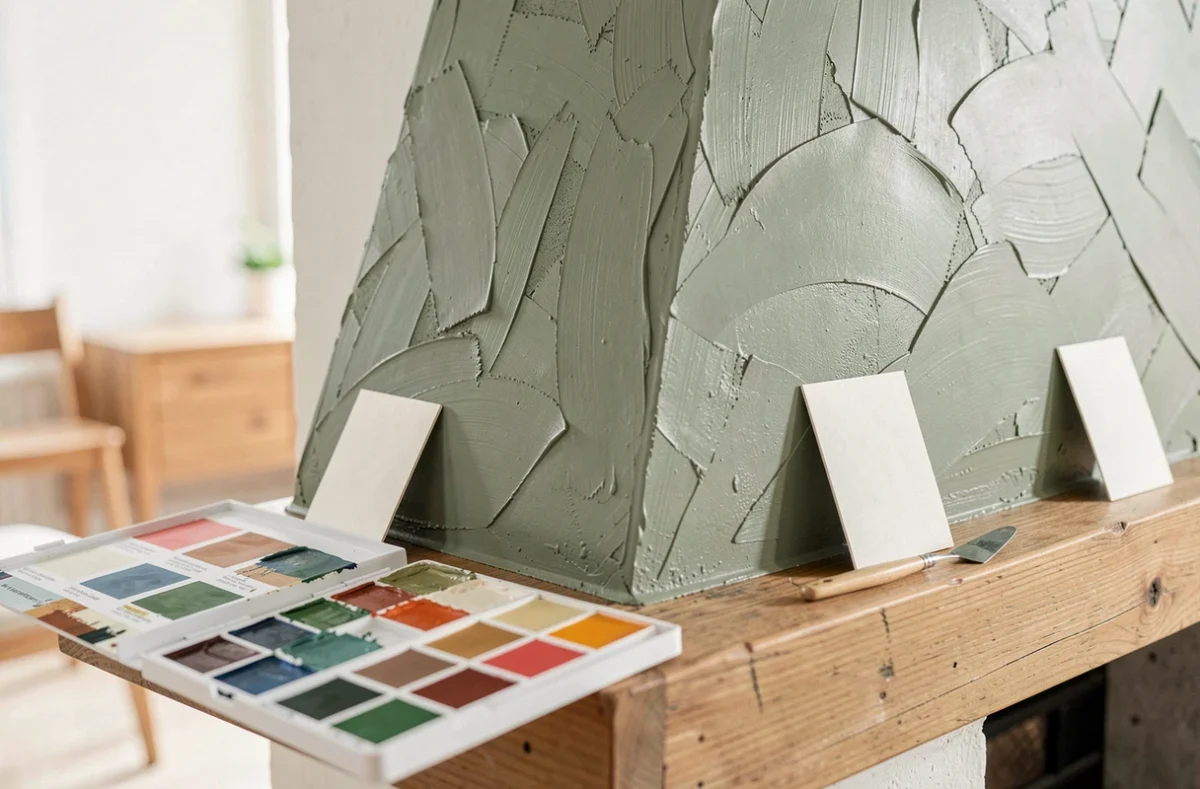 Gros plan sur une hotte de cheminée peinte en vert sauge avec des échantillons de couleurs posés sur le manteau