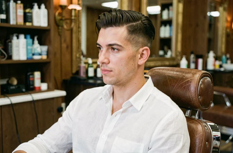 Homme en fin de vingtaine avec une coupe mi-longue dégradée et des vagues naturelles sur le dessus, assis dans un fauteuil de barbier en cuir dans un salon moderne