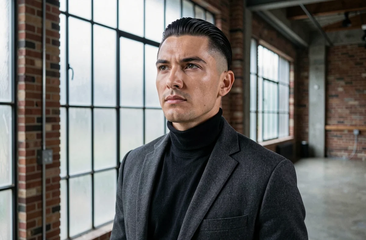 Homme avec une coupe mi-longue plaquée en arrière et un dégradé haut, en blazer charbon, dans un loft industriel moderne aux murs en briques apparentes