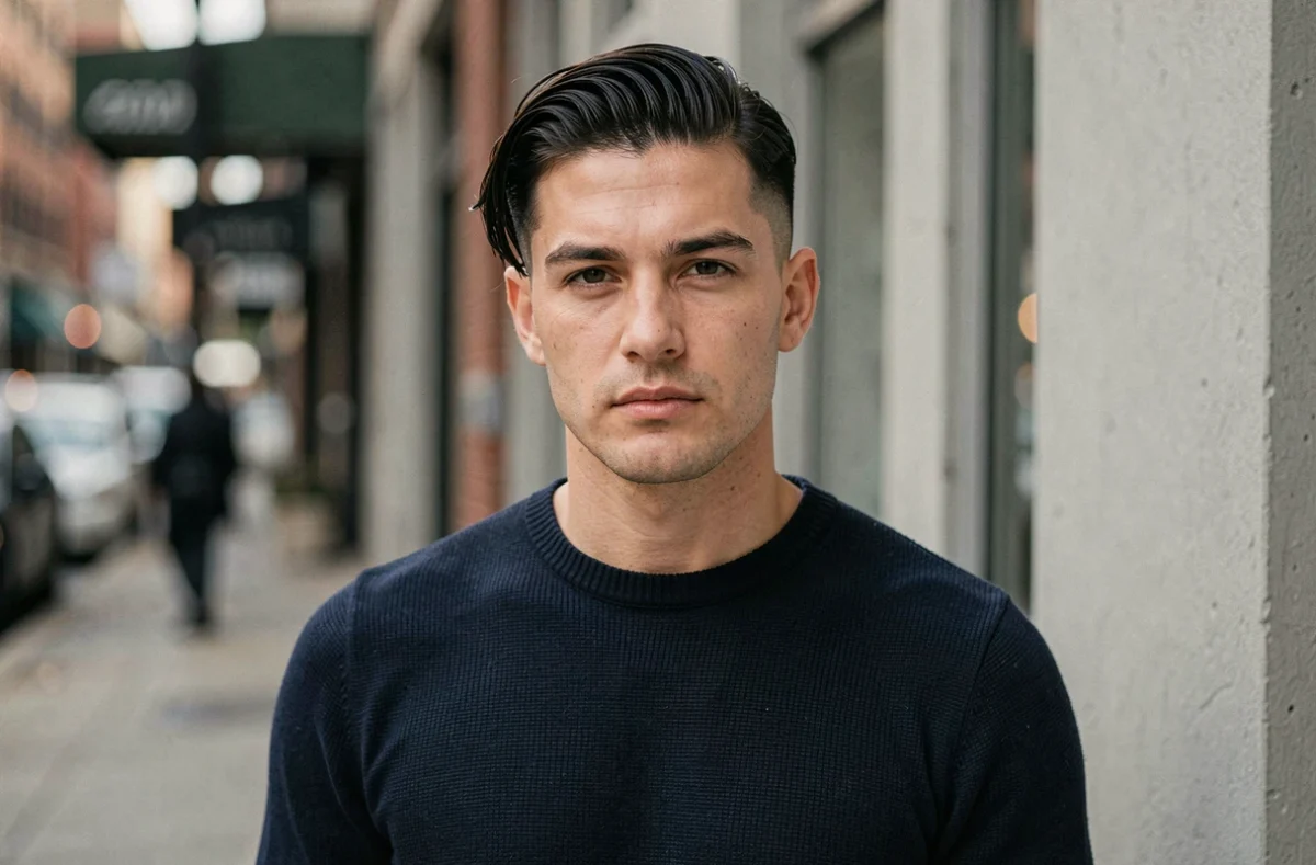 Homme de 30 ans avec une coupe mi-longue texturée et un dégradé skin fade, stylisé avec une pommade mate, devant une rue urbaine floue