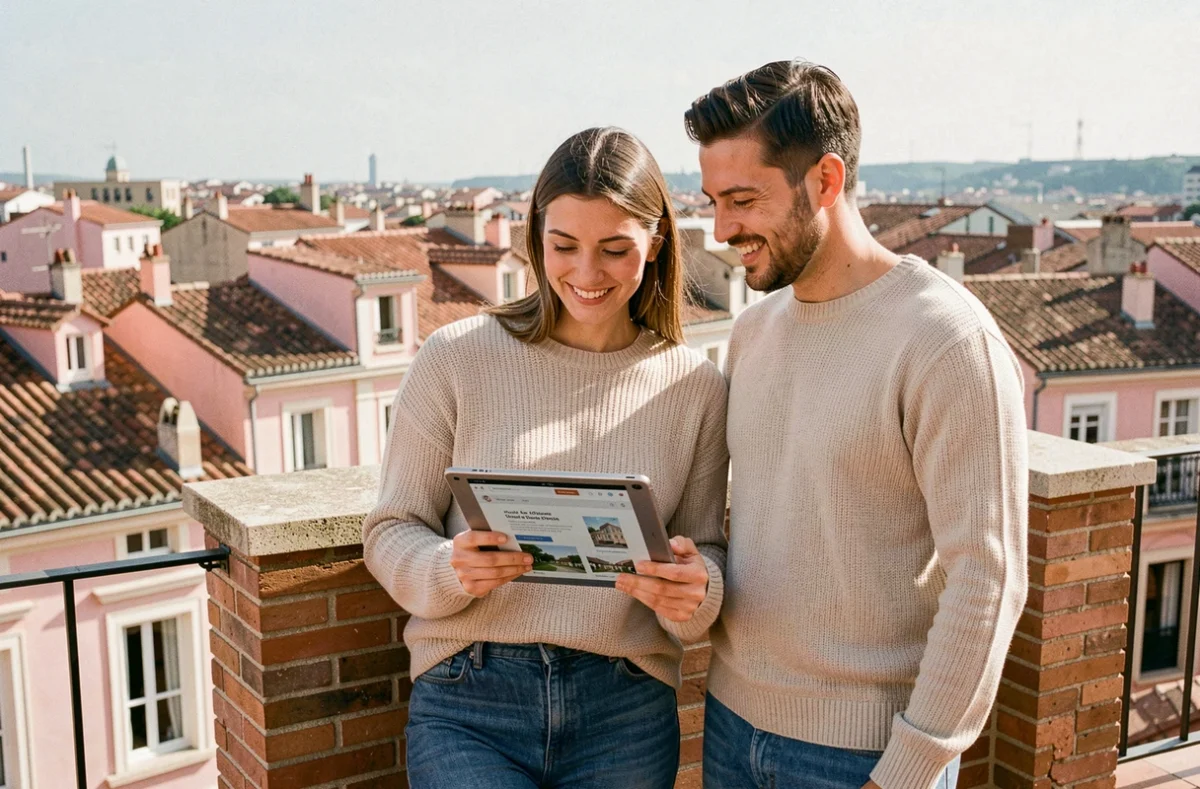 Couple consultant des annonces immobilières à Toulouse sur une terrasse avec vue sur les toits en briques roses