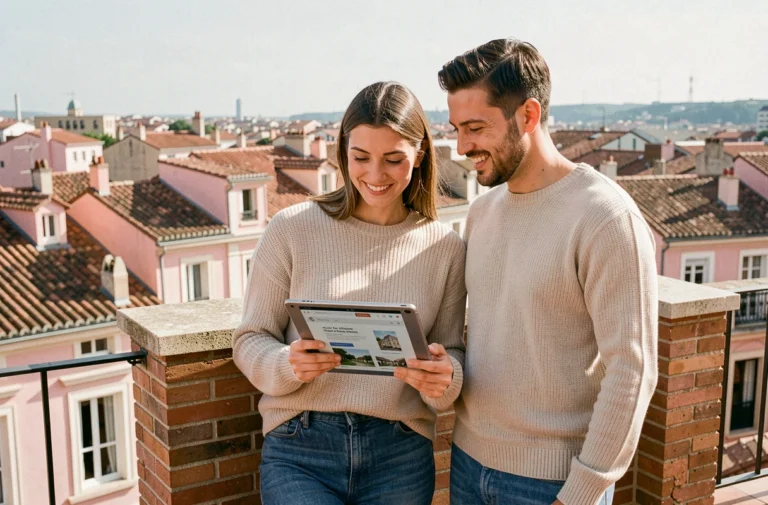 Couple consultant des annonces immobilières à Toulouse sur une terrasse avec vue sur les toits en briques roses