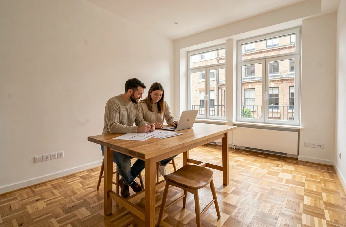 Couple visitant un appartement vide et consultant des plans lors d'un projet d'achat immobilier