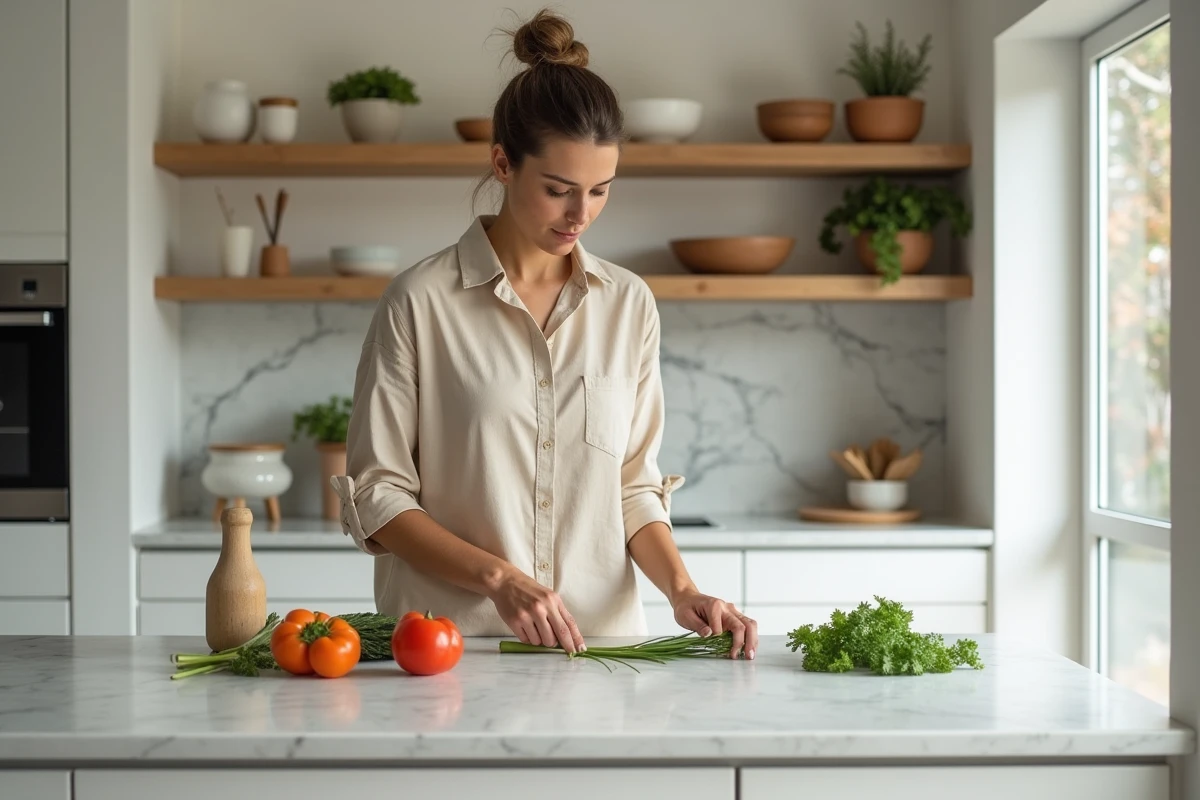 Femme cuisinant dans une cuisine moderne blanche avec îlot en marbre et étagères décoratives tendance