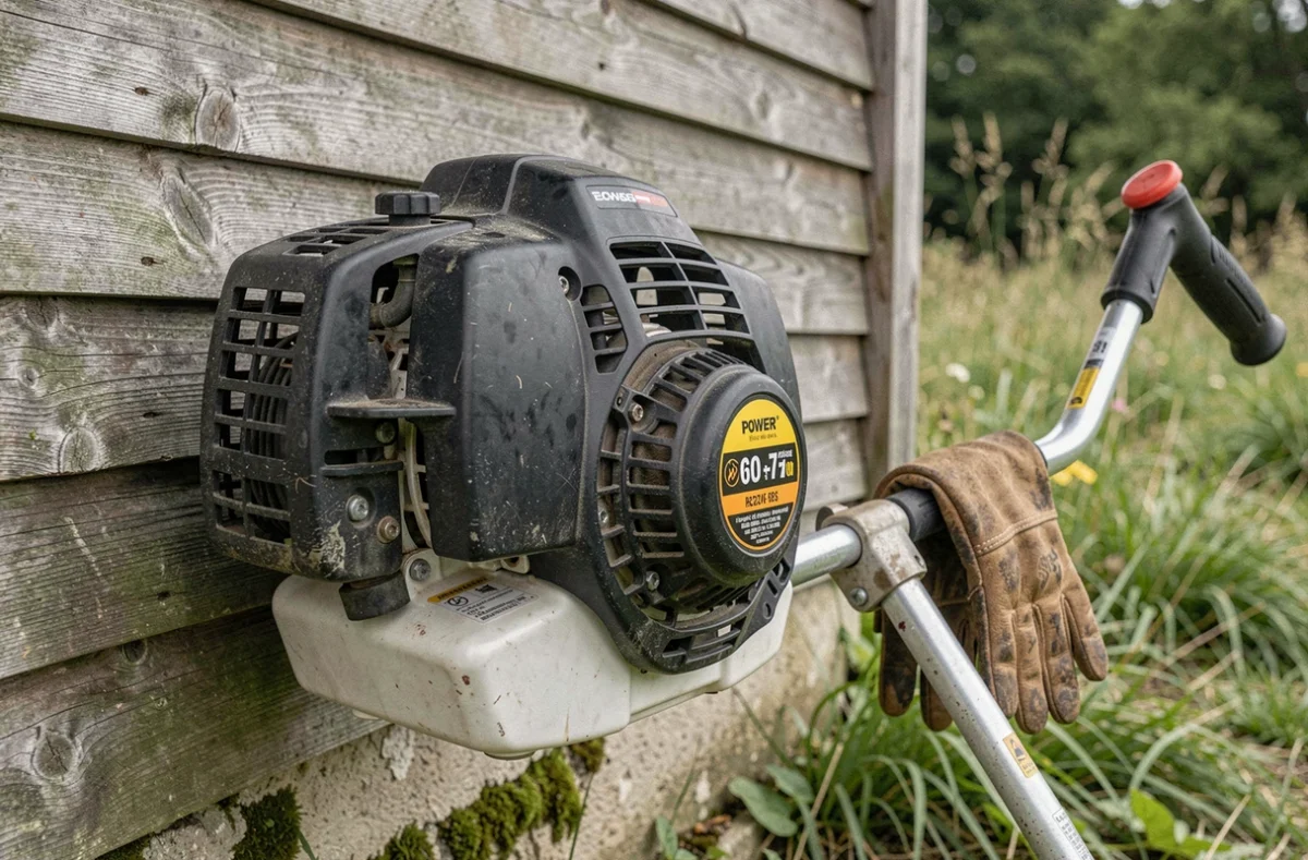 Gros plan d'un rotofil thermique professionnel appuyé contre un cabanon de jardin en bois avec des gants de jardinage