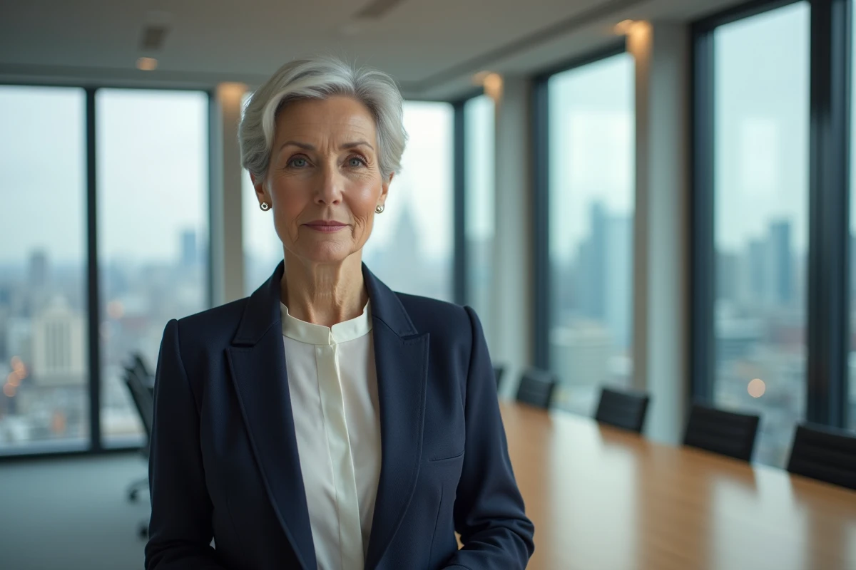 Dirigeante d'entreprise en blazer marine dans une salle de conseil moderne avec vue sur la ville, illustrant le profil d'une PDG de grande entreprise