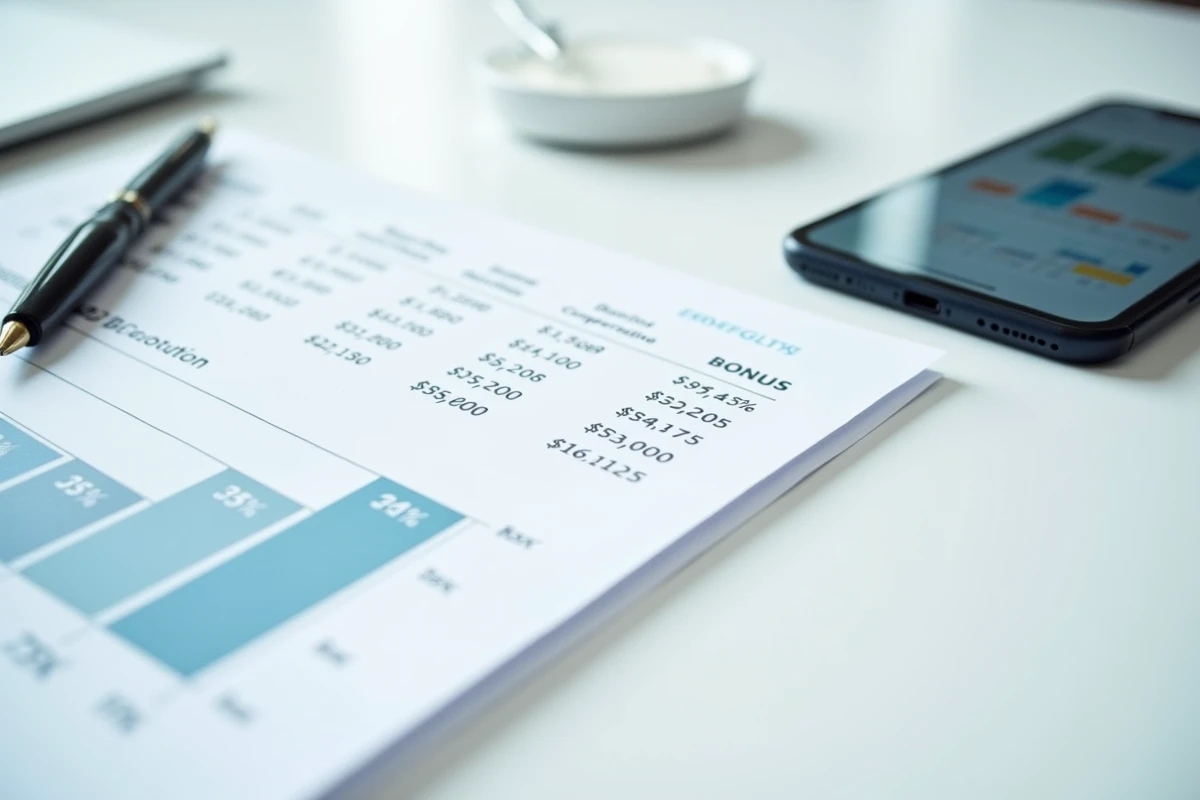 Documents financiers avec tableaux de rémunération et bonus de dirigeante posés sur un bureau blanc avec stylo et smartphone affichant des données corporatives