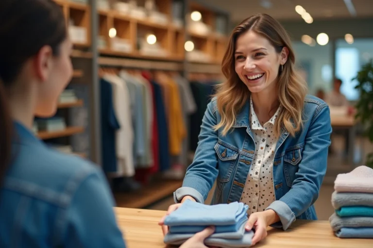 Femme souriante donnant des vêtements à un vendeur dans une boutique