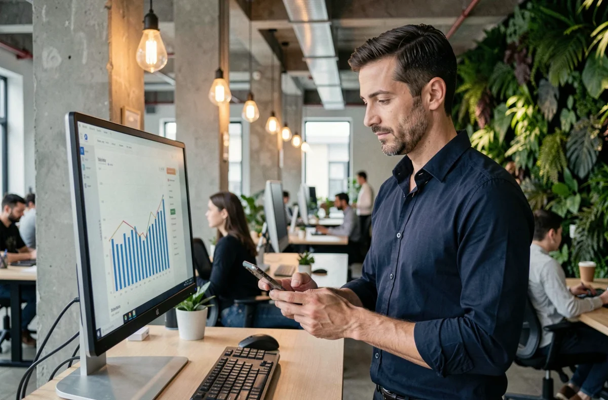 Entrepreneur masculin analysant les performances de son business en ligne dans un espace de coworking moderne
