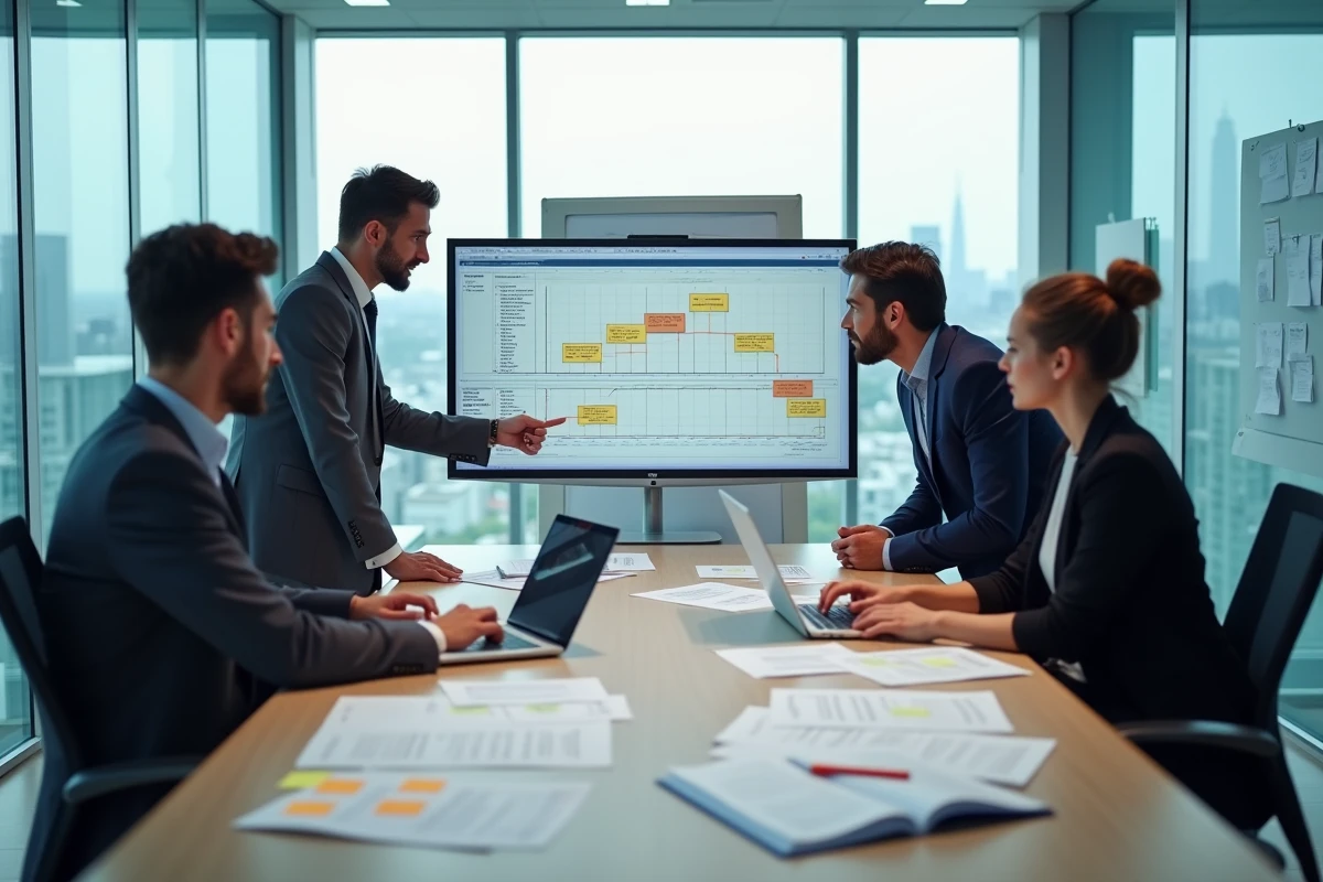 Équipe professionnelle en réunion autour d'un plan d'implémentation ERP dans une salle de conférence vitrée