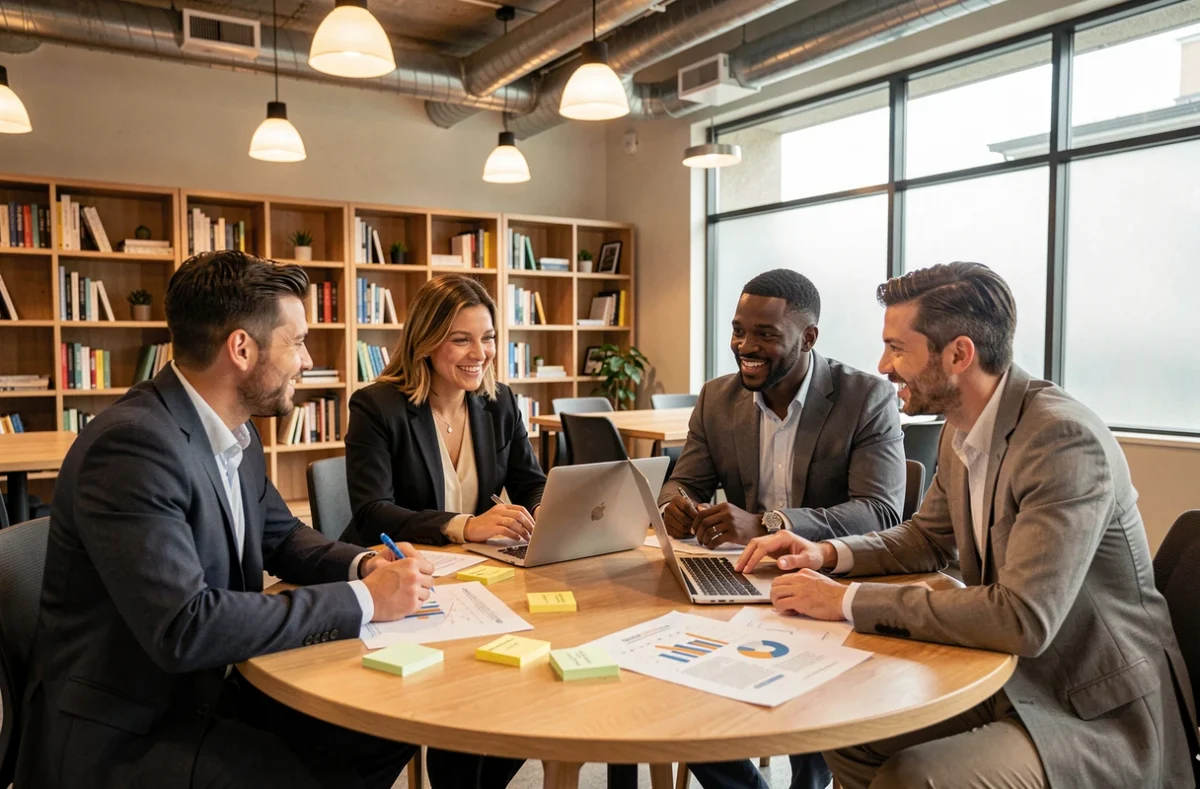 Équipe de professionnels en réunion de stratégie autour d'une table ronde dans un espace de coworking