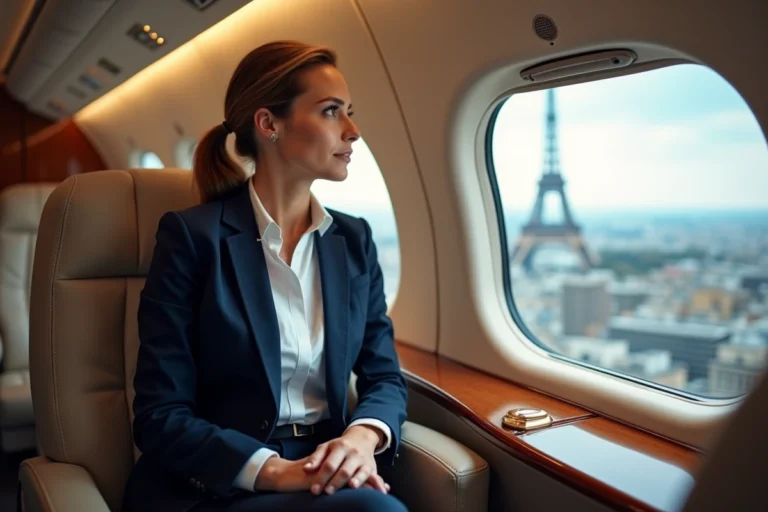 Femme d'affaires en avion privé survolant Paris