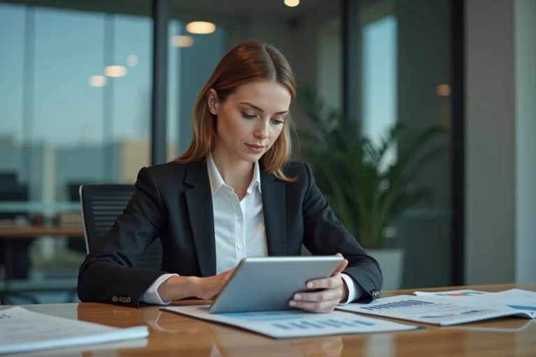 Femme d affaires regardant un document numérique dans un bureau