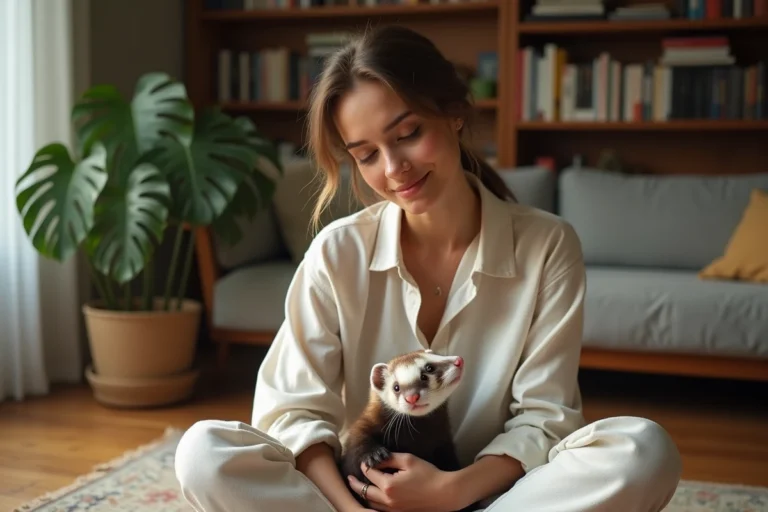 Jeune femme tenant affectueusement une belette dans un appartement parisien chaleureux