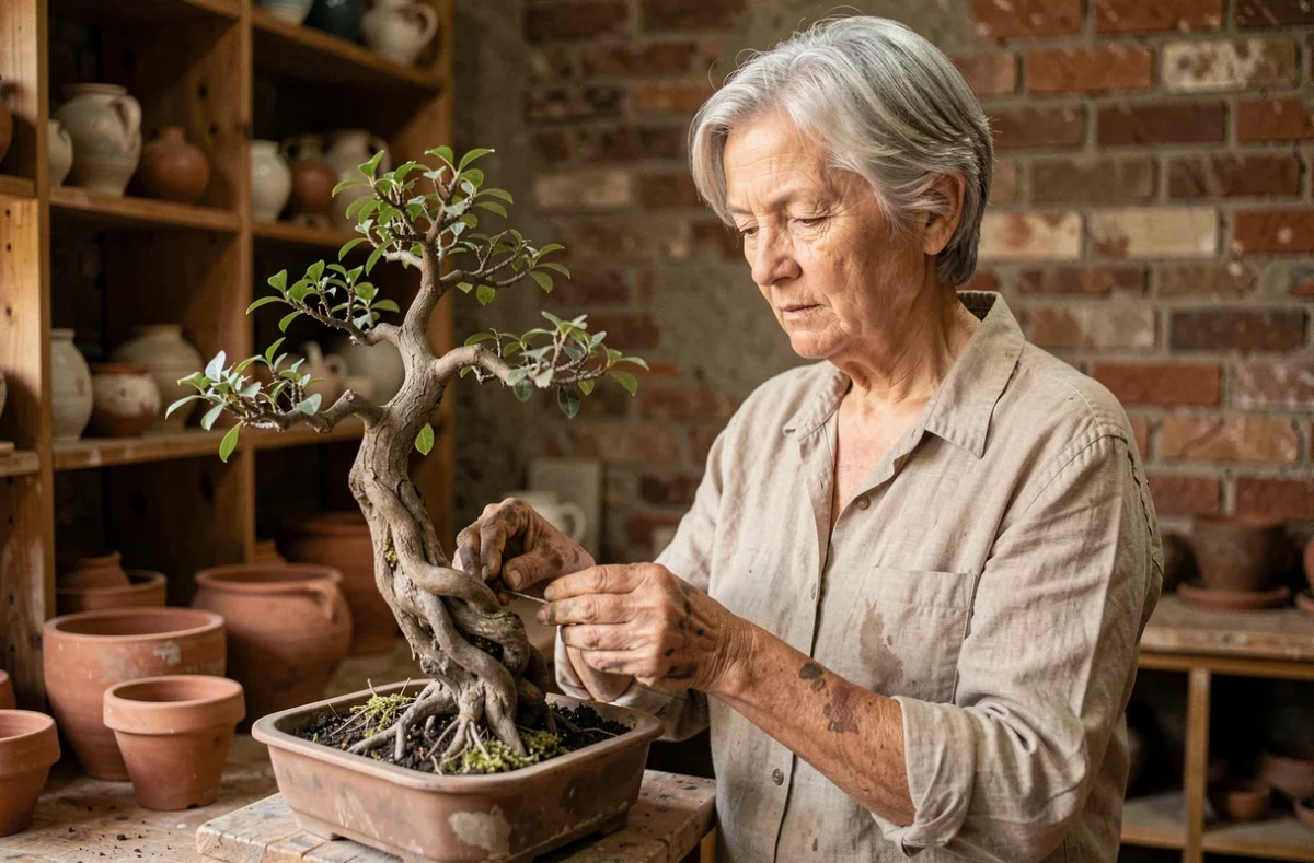 Femme mature cultivant un bonsaï dans un atelier de poterie, symbole de résilience et de force intérieure