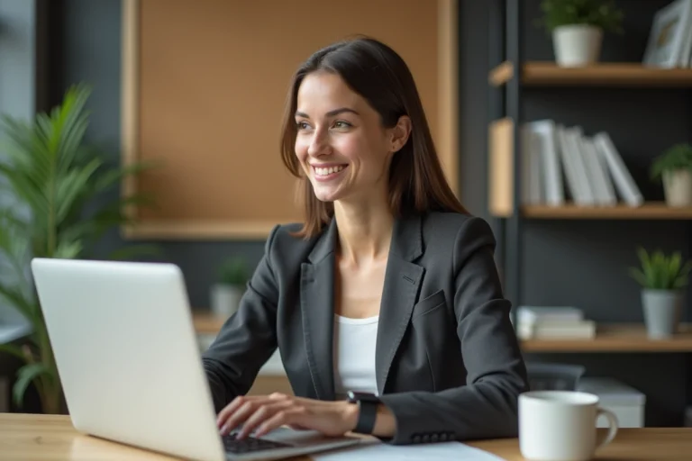 Femme en tenue professionnelle travaillant à domicile