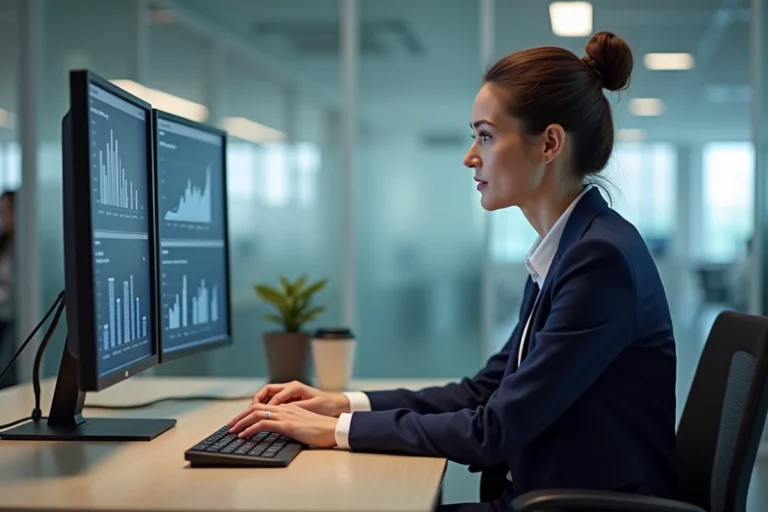 Femme cadre en entreprise analysant un tableau de bord ERP sur deux écrans dans un open space moderne