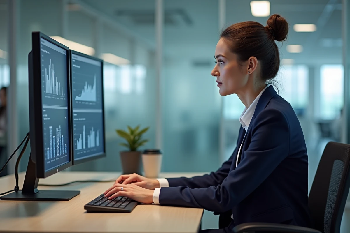 Femme cadre en entreprise analysant un tableau de bord ERP sur deux écrans dans un open space moderne