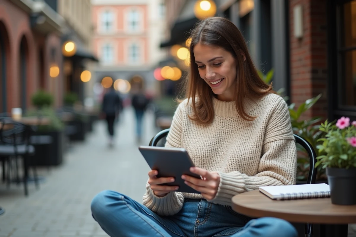 Femme travaillant sur sa tablette dans un café urbain