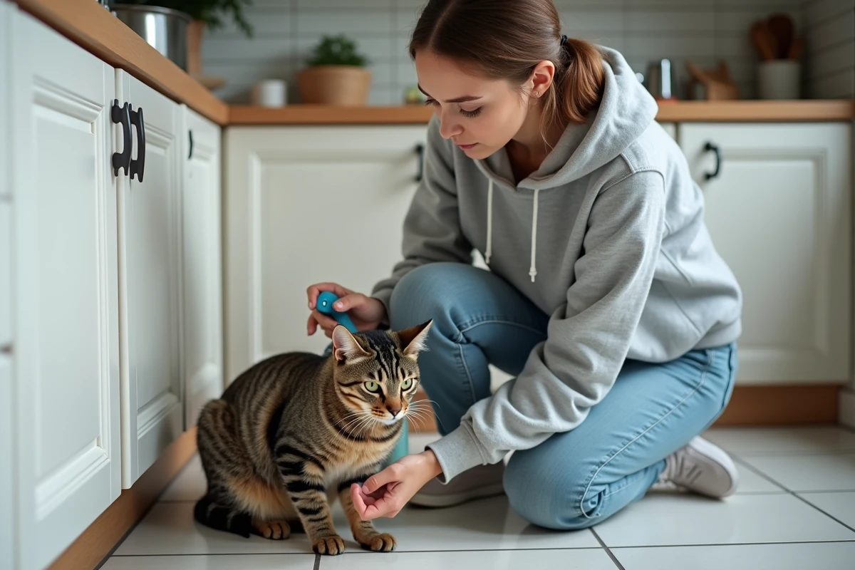 Femme inquiète examinant les pattes de son chat après contact avec un produit ménager désinfectant dans une cuisine domestique