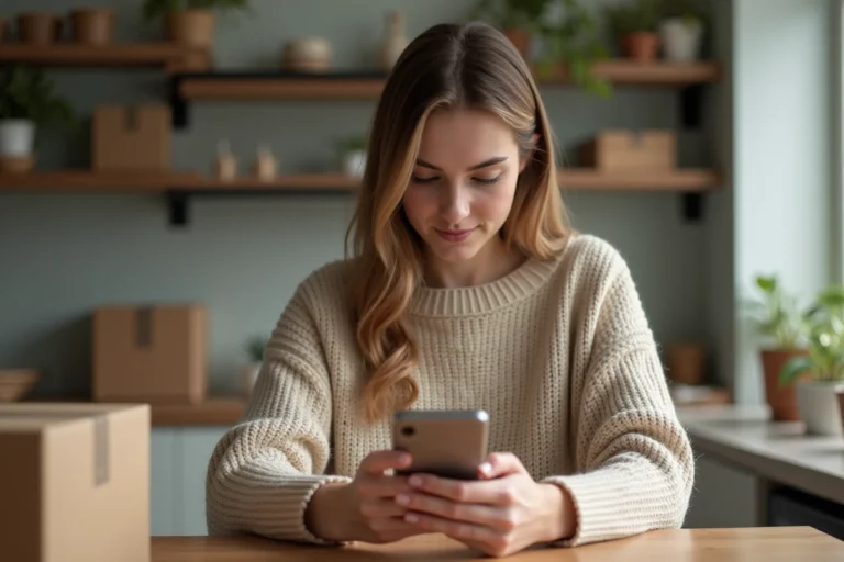 Jeune femme saisissant ses détails d'expedition sur son smartphone