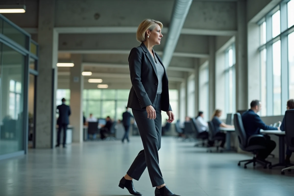 Femme dirigeante en costume sombre marchant dans les bureaux modernes d'une grande entreprise industrielle, symbolisant le leadership exécutif féminin