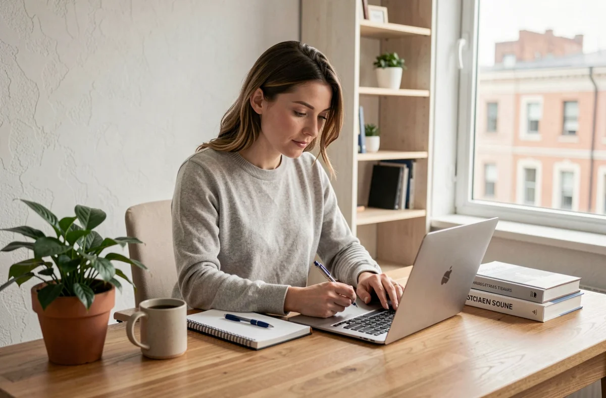 Femme entrepreneur travaillant sur son business en ligne depuis un bureau à domicile moderne et bien organisé