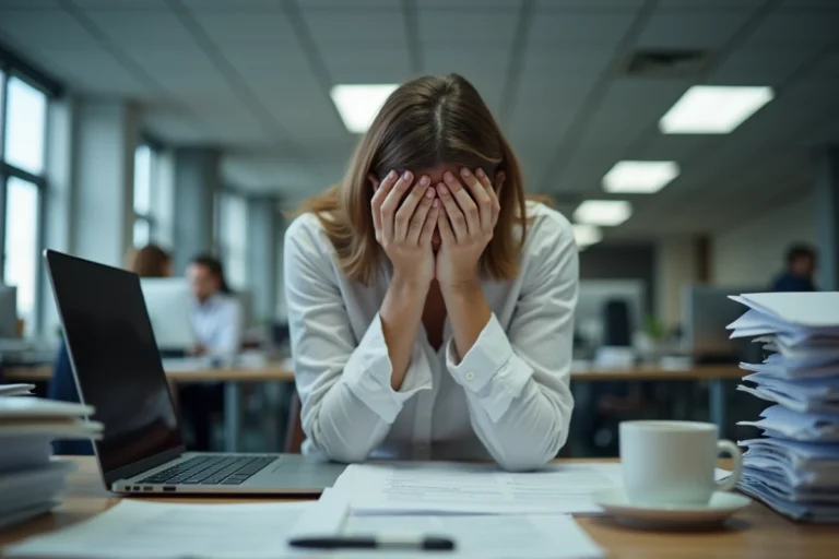 Femme épuisée au bureau, tête dans les mains, signe de burn out professionnel
