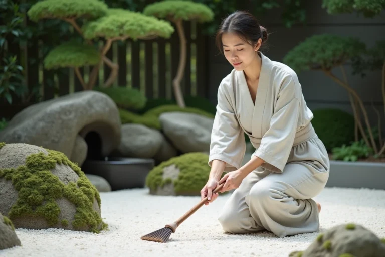 Femme japonaise en kimono ratisse le gravier zen