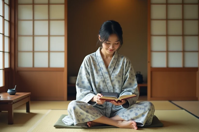 Femme japonaise en yukata lisant un livre dans une chambre traditionnelle