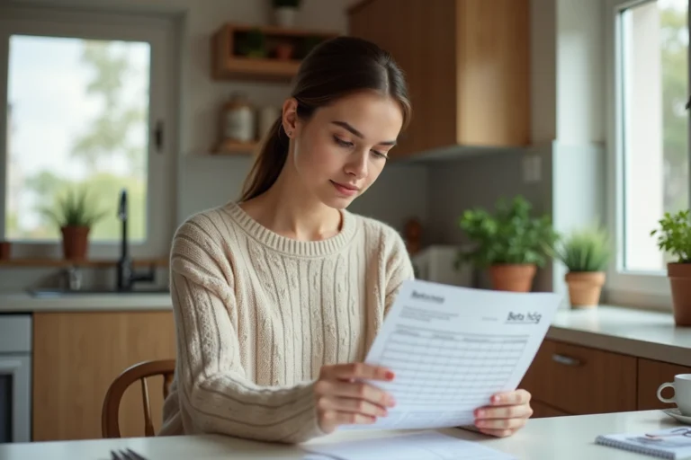 Femme lisant un rapport beta hcg dans la cuisine