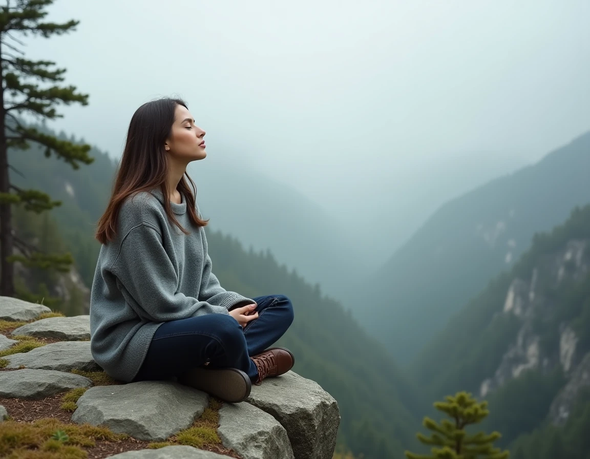 Femme méditant seule sur un promontoire rocheux face à une vallée brumeuse, symbolisant la quête existentielle et le sens de la vie