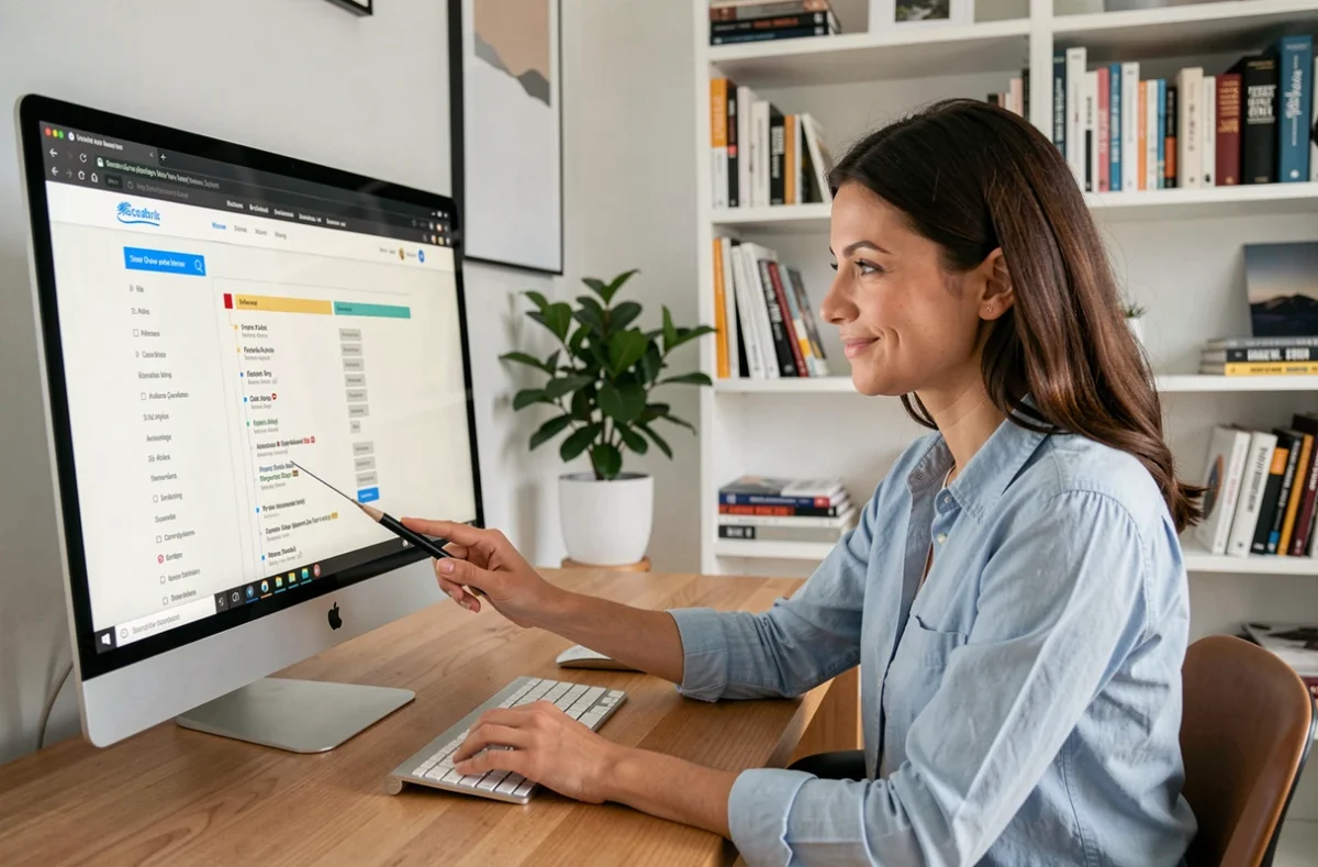 Femme naviguant sur le plan du site de Wow Magazine depuis un bureau à domicile moderne