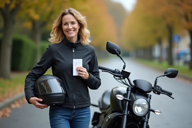 Femme souriante avec permis moto 125cc et casque