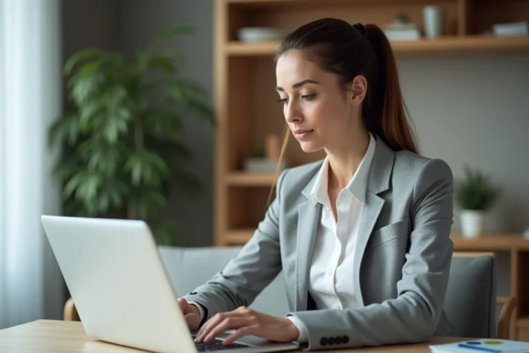 Femme professionnelle analysant un tableau de bord en ligne pour optimiser ses résultats sur une plateforme numérique