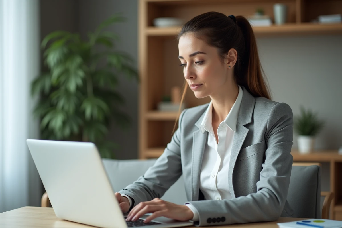 Femme professionnelle analysant un tableau de bord en ligne pour optimiser ses résultats sur une plateforme numérique