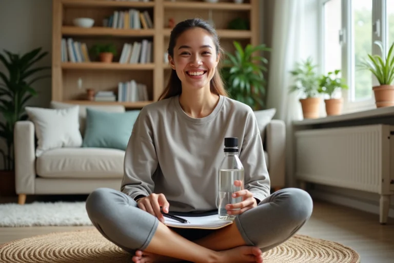 Femme souriante en tenue de sport dans un salon lumineux