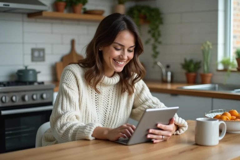 Jeune femme souriante utilisant une tablette dans la cuisine